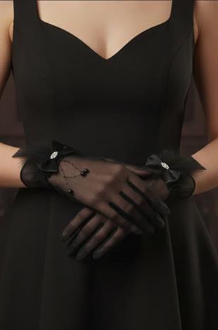 Dream Tulle Wedding Gloves with Pearl Pendants and Feather Details, Embellished with Crystal Stones