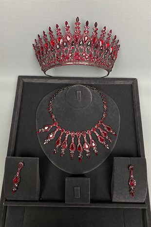 Henna Bridal Crown and Evening Dress Necklace Earring Set Claret Red
