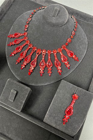 Henna Bridal Crown and Evening Dress Necklace Earring Set Red