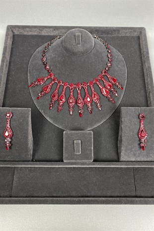 Henna Bridal Crown and Evening Dress Necklace Earring Set Claret Red