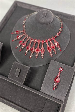 Henna Bridal Crown and Evening Dress Necklace Earring Set Claret Red