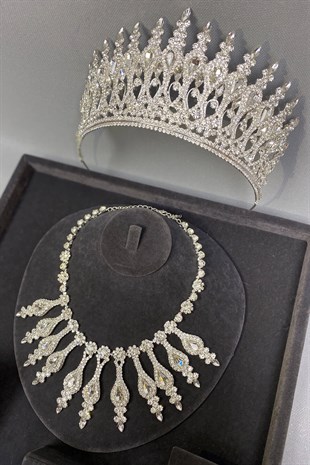 Henna Bridal Crown and Evening Dress Necklace Earring Set Silver