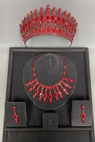 Henna Bridal Crown and Evening Dress Necklace Earring Set Red