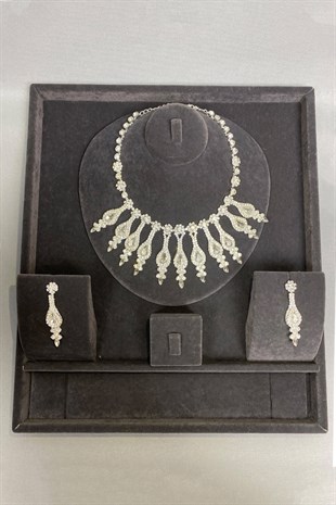 Henna Stone Evening Dress Necklace Earring Set Silver