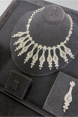 Henna Stone Evening Dress Necklace Earring Set Silver
