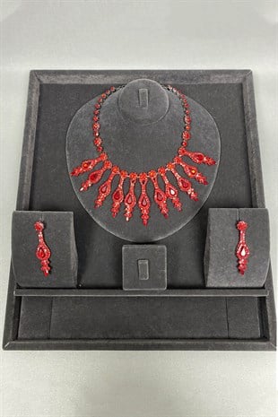 Henna Stone Evening Dress Necklace Earring Set Red