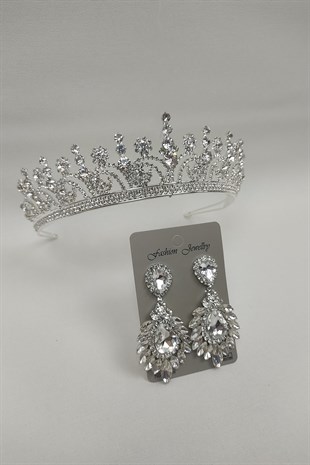 Hera Model Gelin Tacı Ve Damla Mekik Taşlı Küpe