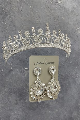 Hera Model Gelin Tacı Ve Damla Mekik Taşlı Küpe