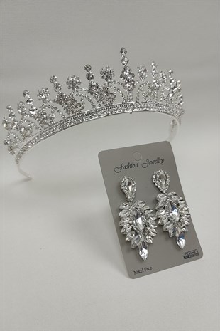 Hera Model Gelin Tacı Ve Damla Taşlı Küpe