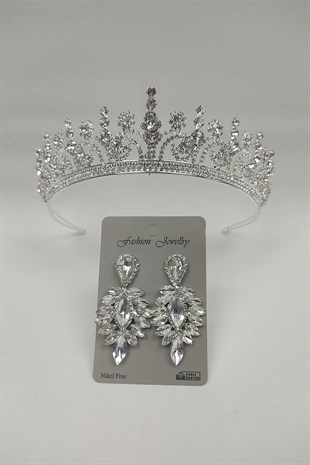 Hera Model Gelin Tacı Ve Damla Taşlı Küpe