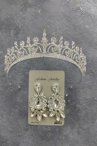 Hera Model Gelin Tacı Ve Mekik Damla Taşlı Küpe