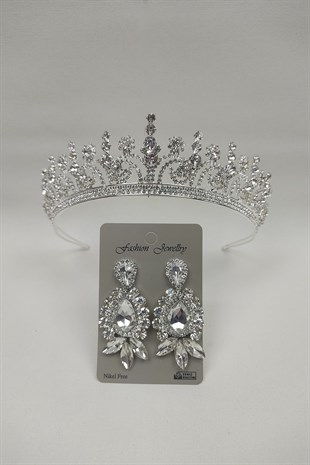 Hera Model Gelin Tacı Ve Mekik Damla Taşlı Küpe