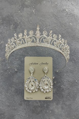 Hera Model Gelin Tacı Ve Mekik Taşlı Küpe