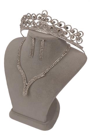 Hira Kristal Taşlı Abiye Kolye Küpe Seti Ve Çiçek Gelin Tacı