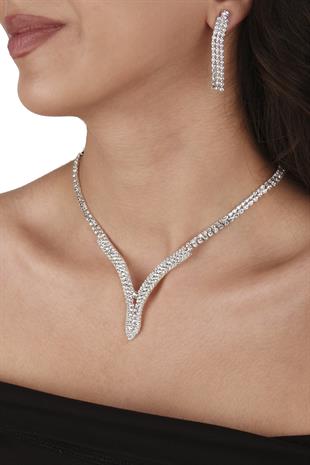 Hira Kristal Taşlı Abiye Kolye Küpe Seti Ve Yaprak Gelin Tacı