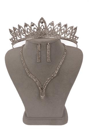 Hira Kristal Taşlı Abiye Kolye Küpe Seti Ve İnce Yaprak Gelin Tacı