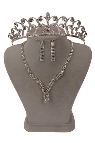 Hira Kristal Taşlı Abiye Kolye Küpe Seti Ve Gül Gelin Tacı