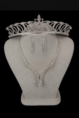 Hira Kristal Taşlı Abiye Kolye Küpe Seti Ve Lale Gelin Tacı