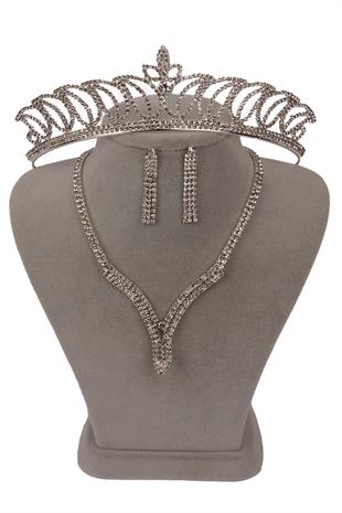 Hira Kristal Taşlı Abiye Kolye Küpe Seti Ve Lale Gelin Tacı