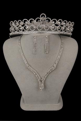 Hira Kristal Taşlı Abiye Kolye Küpe Seti Ve Çiçek Gelin Tacı