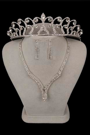 Hira Kristal Taşlı Abiye Kolye Küpe Seti Ve Gül Gelin Tacı