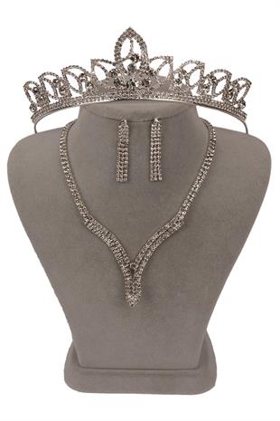 Hira Kristal Taşlı Abiye Kolye Küpe Seti Ve Yaprak Gelin Tacı