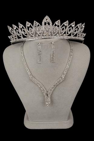 Hira Kristal Taşlı Abiye Kolye Küpe Seti Ve İnce Yaprak Gelin Tacı