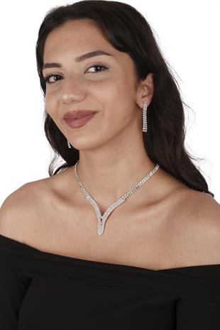 Hira Kristal Taşlı Abiye Kolye Küpe Seti Ve İnce Yaprak Gelin Tacı