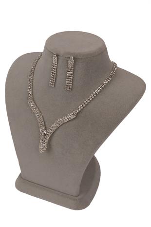 Hira Kristal Taşlı Abiye Kolye Küpe Seti Ve Yaprak Gelin Tacı