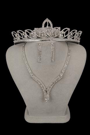 Hira Kristal Taşlı Abiye Kolye Küpe Seti Ve Yaprak Gelin Tacı