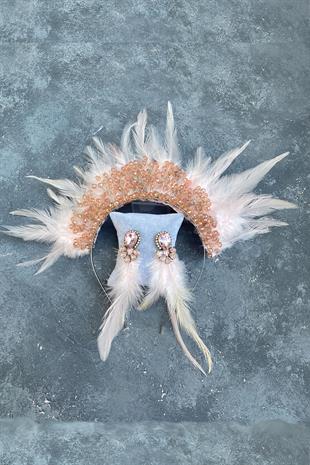 Rooster Feather Crystal Beaded Bridal Henna Tiara and Earring