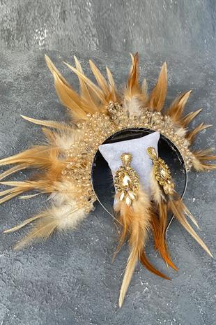 Rooster Feather Crystal Beaded Bridal Henna Tiara and Earring