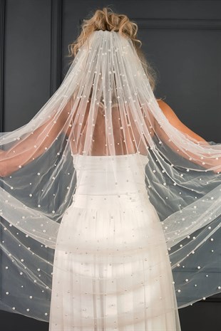 İnci Boncuk İşlemeli Gelin Duvağı