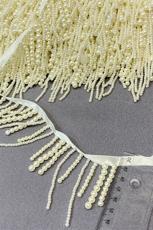 İnci Boncuk İşlemeli Saçaklı Şerit Püskül