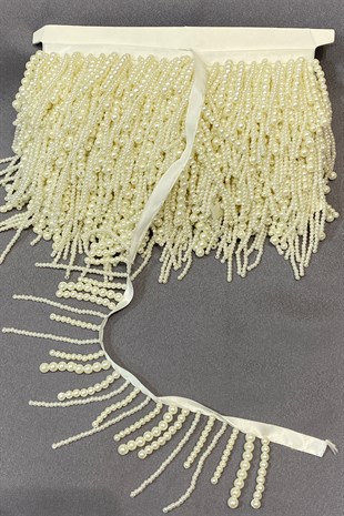 İnci Boncuk İşlemeli Saçaklı Şerit Püskül