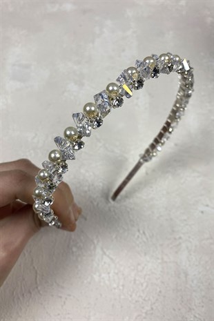 İnci Boncuk Ve Kesme Kristalli Saç Aksesuarı Gelin Tacı