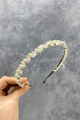 İnci Boncuk Ve Kesme Kristalli Saç Aksesuarı Gelin Tacı