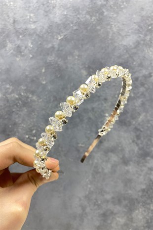 İnci Boncuk Ve Kesme Kristalli Saç Aksesuarı Gelin Tacı