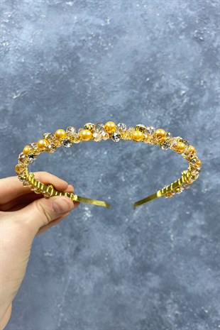 İnci Boncuk Ve Kristalli Saç Aksesuarı Gelin Tacı