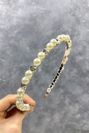 İnci Boncuk Ve Parlak Kristalli Saç Aksesuarı Gelin Tacı
