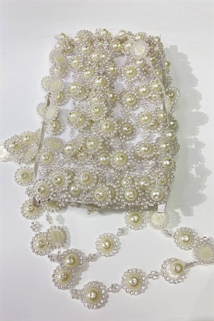 İnci Çiçek Desenli Taşlı Şerit Boncuk Krem