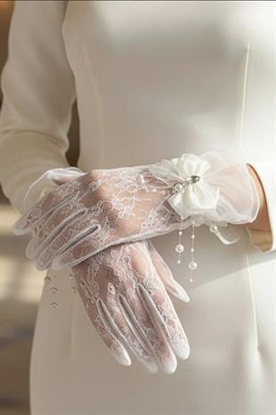 Wedding Bride Gloves with Pearl Branch and Crystal Stone Bow Detail