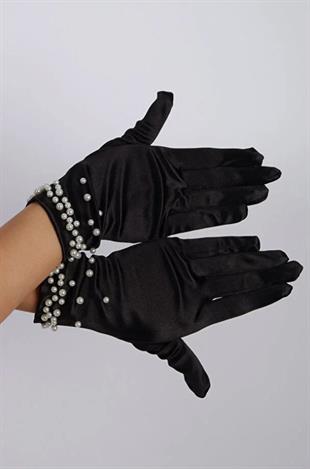 Pearl Embellished Satin Short Dress Gloves Party Accessory