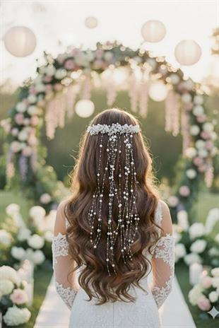 İnci ve Kristal Detaylı Uzun Sarkıtlı Gelin Saç Aksesuarı – Nikah Düğün Aksesuarı