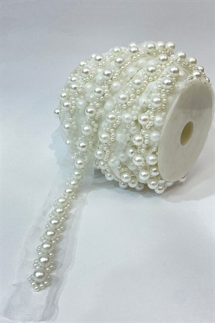Pearl and Sand Bead Embroidered Ribbon 1 mt