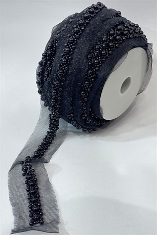 Pearl and Sand Bead Embroidered Ribbon 1 mt