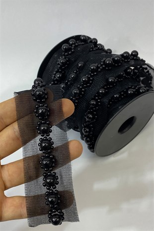 İnci ve Kum Boncuk İşlemeli Şerit 1 mt