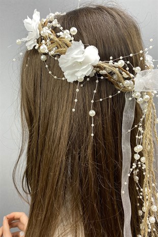 İncili Çiçekli Özel Tasarım Dış Çekim Gelin Tacı ve Saç Aksesuarı