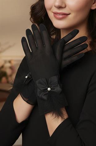 Pearl and Bow Embellished Feathered Transparent Bridal Gloves