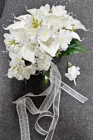 İncili Gala Yoğun Çiçekli Gelin Buketi Ve Damat Yaka Çiçeği